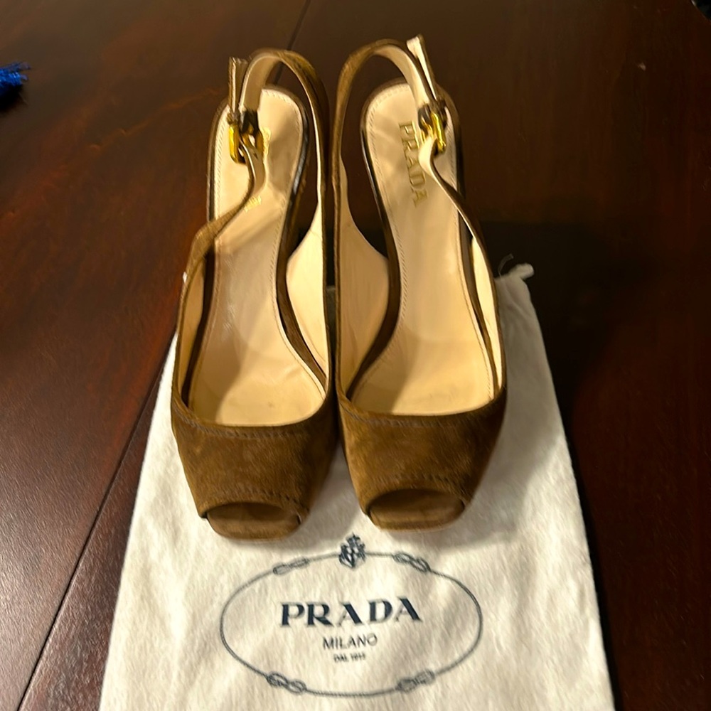 Prada light brown suede summer wedge sandal, size 37 / 7.